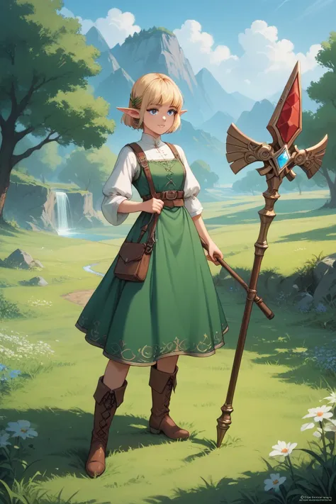 a elf woman. wearing green robes, a white tunic, boots, and brown pants. shoulder length blonde hair. blue eyes. short point ears.  standing in open grassy field with clear blue skies. anatomically correct. perfect eyes. holding a white wooden staff with g...