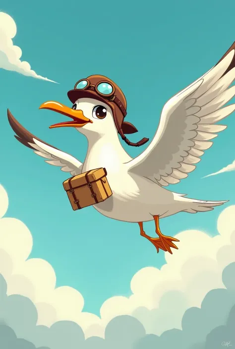 Create a cartoonish image of a messenger gull ,  with an aviators hat and a package hanging from the torso, flying through the sky