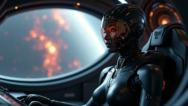 Hyperrealistic cyborg pilot, sleek black flight suit, advanced HUD projected onto visor, seated in the cockpit of a spaceship overlooking a nebula.