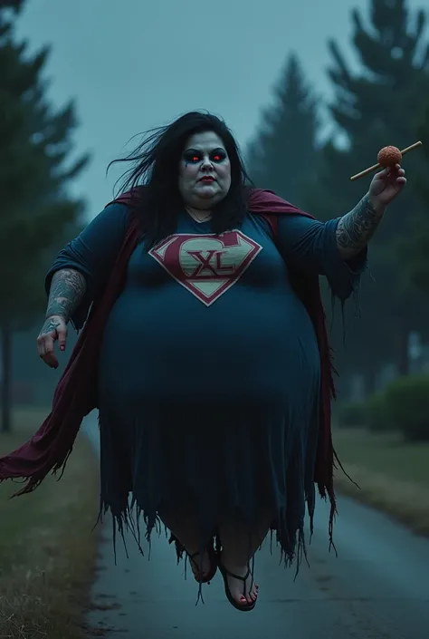 full body image of an obese fat ghostly pale skin lady, dark eye shadow with glowing red eye, long messy black hair, in tattered & worn out dark blue color thobe shroud with embroidery "XL" logo inside diamond shape like Superman on chest, with tatterred &...