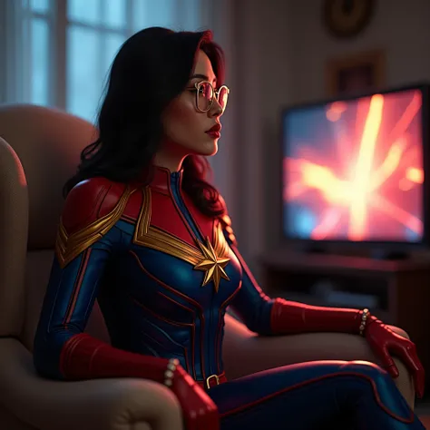 Slanted sexy beautiful Asian girl wearing glasses watching TV sitting on a rocking chair wearing a captain marvel costum suit; huge breast, hyperrealistic, 