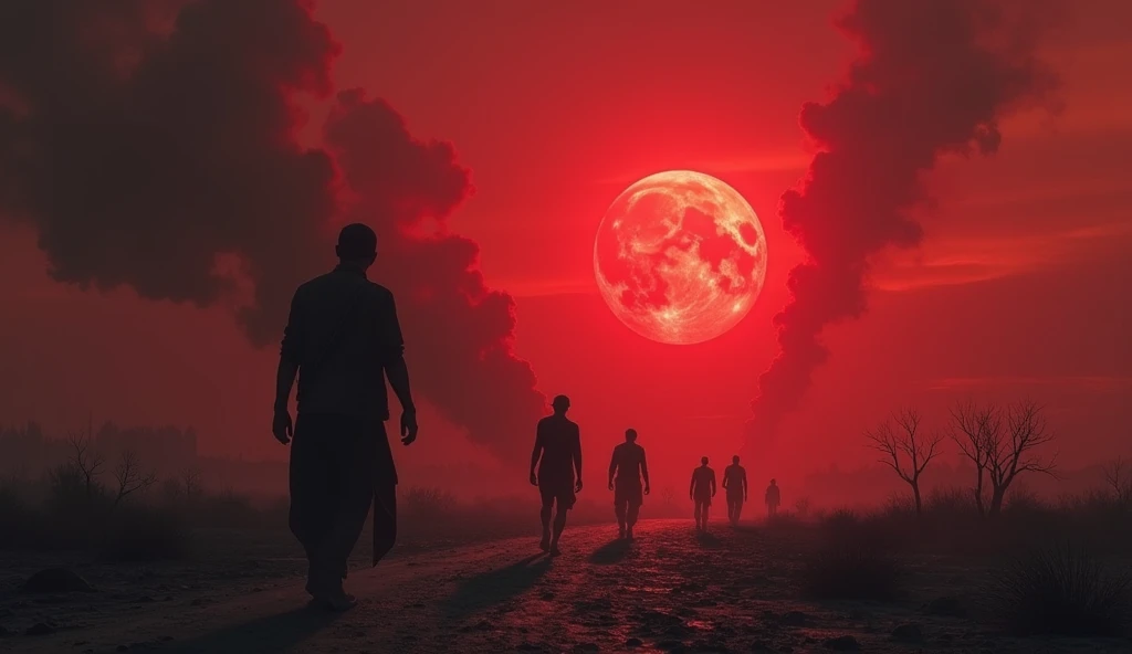 A very clear ultra HD dynamic image of"A dark and chaotic world consumed by violence, corruption, and greed. The land appears barren with a red-tinted sky filled with dark clouds. Shadowy figures representing humanity wander aimlessly, looking lost and dis...