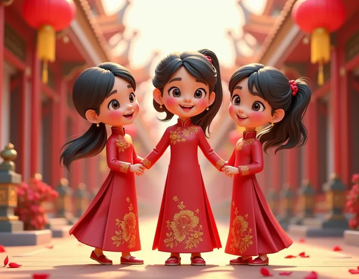 3D cartoon character image of girls wearing traditional Vietnamese long dresses with red standing wish for Tet Tet