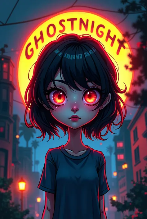  Create a cartoon image, the woman is cute but scary. The background is night. Yellow, red, black, blue, blue, luminous, with a letter logo."ghostnight"In the picture 