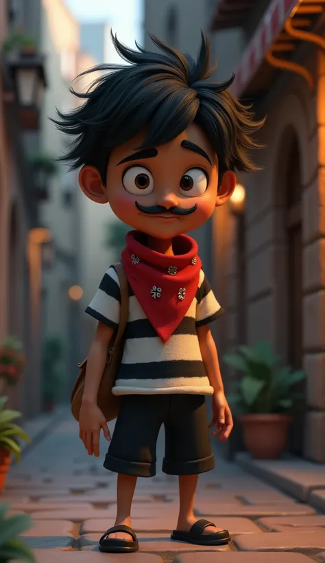 Create a sneaky thief character in a 3D Pixar cartoon style. He has his forehead covered with messy black hair, a thin Charlie Chaplin-style mustache, and a red bandana tied around his neck. He is wearing a black-and-white striped t-shirt, black half-pants...