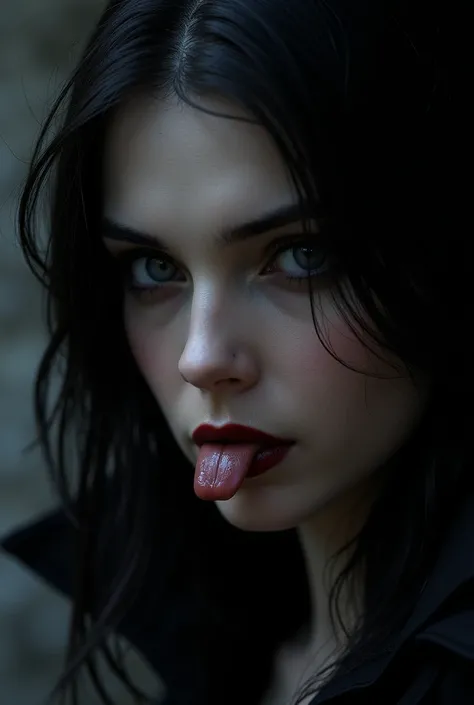 Create image of a black-haired vampire,  tongue 