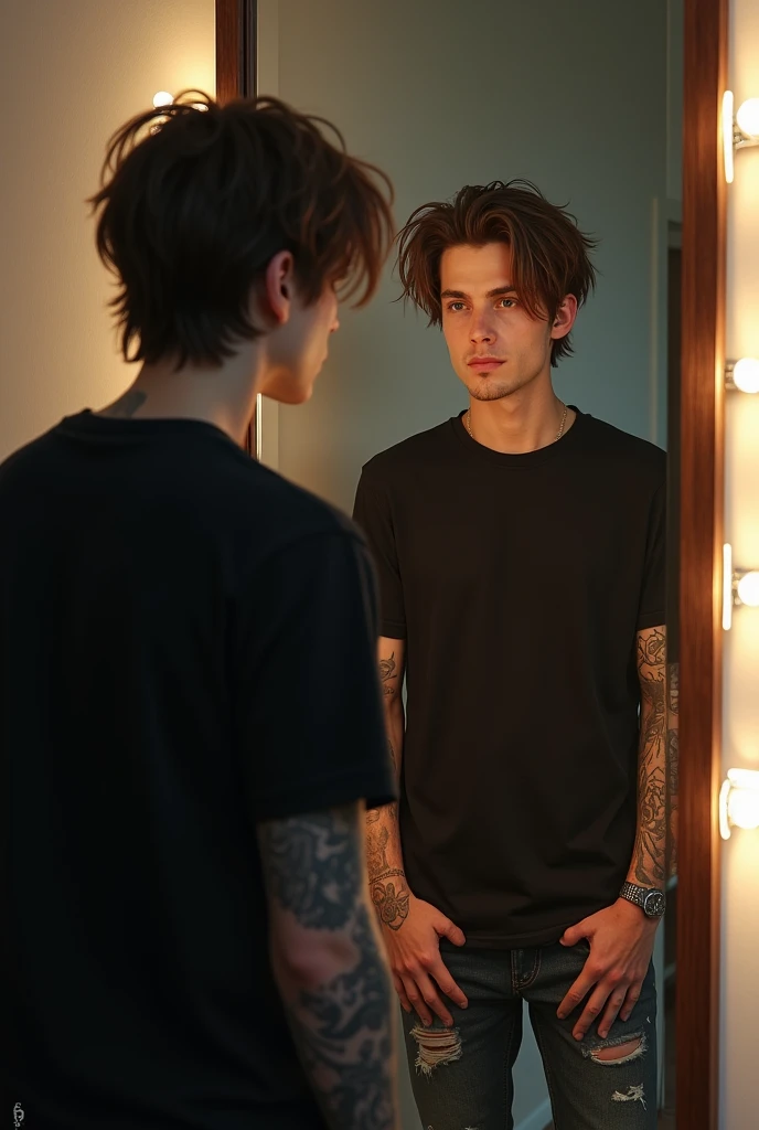 A handsome 23-year-old man in the mirror.  He is wearing a black t-shirt, and ripped pants. He has brown hair and a boyish hairstyle. Hands tattoos. Muy detallado, Calidad, Alta calidad, 