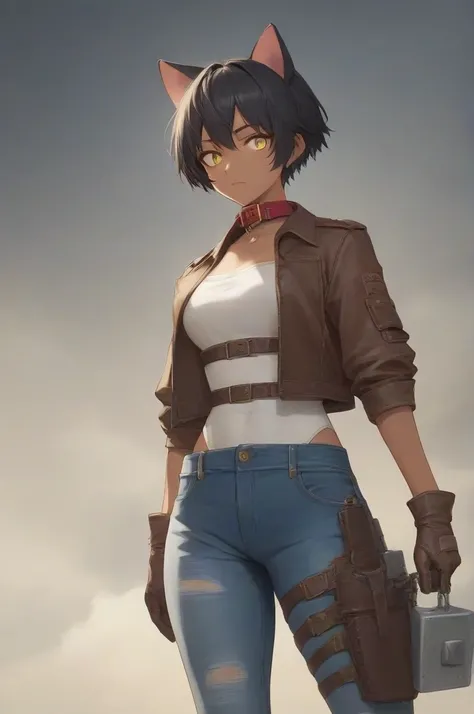  1 girl,  black hair, Short hair, Cat ears, yellow eyes, boobs, Tanned skin,Red collar,Brown leather jacket,white leotard,leg armor,bandaged leg,thigh holster, jeans shorts , brown gloves , masterpieces , nighttime,dungeons, look at the audience,  full cha...