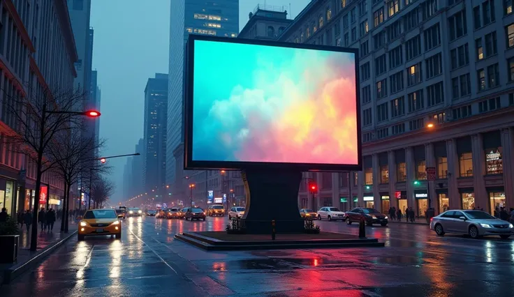 a tv bill board in the middle of the street, hyper realistic , UHD.