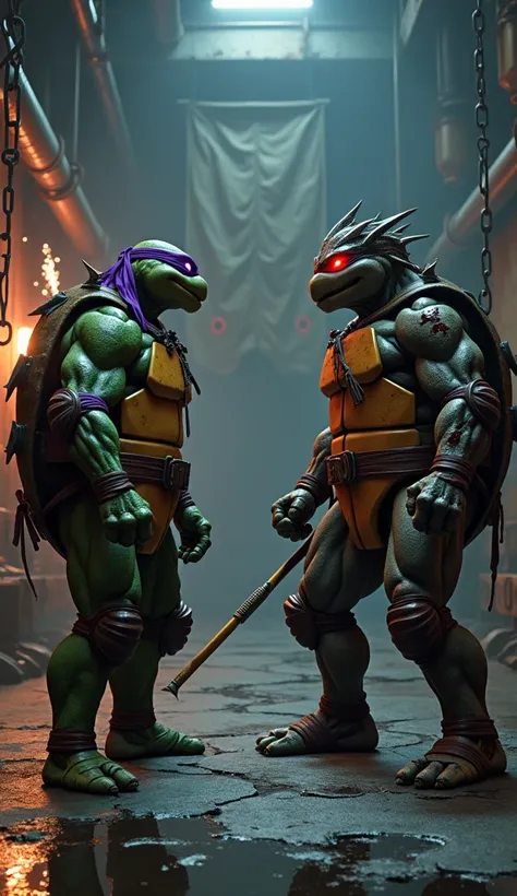 A cinematic, hyper-realistic depiction of Donatello, the tech-savvy ninja turtle, and Shredder, the ruthless warlord, locked in an intense battle within a dimly lit, industrial lair. Donatello, a tall, lean turtle with glowing green skin, stands ready with...