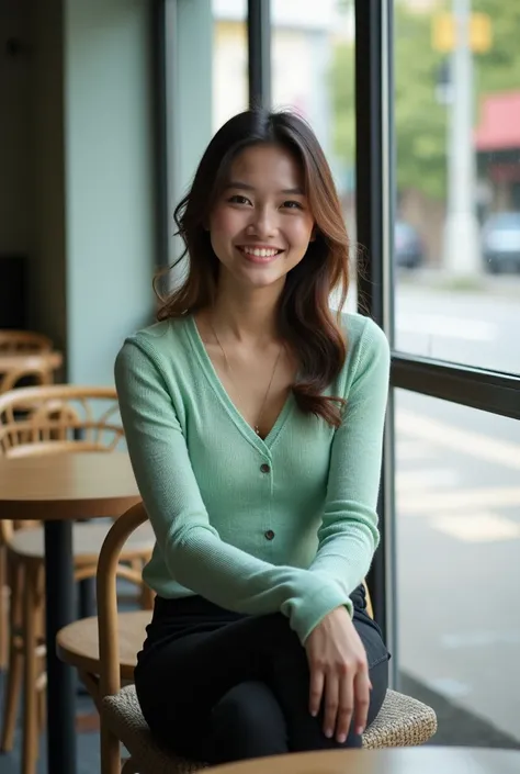 Very beautiful Indonesia young woman sitting on a cafe chair wearing a light green v-neck knitted shirt, wearing black skinny jeans, feet wearing converse shoes, wide glass window background shows the atmosphere outside