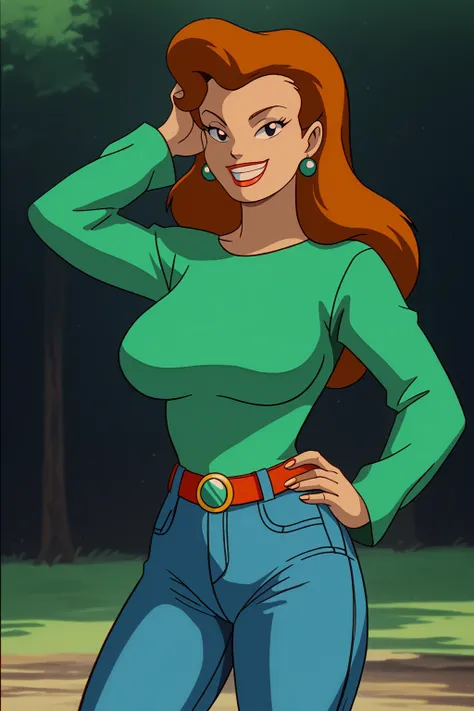 PonyXLV6_Scores BREAK (1980s (style), retro artstyle, perfect anatomy, perfect eyes, cowboy shot), BREAK roxanne, 1girl, orange brown hair, long hair, solo, earrings, black eyes, green turquoise shirt, short sleeves, big breasts, smile, furry female, dark ...