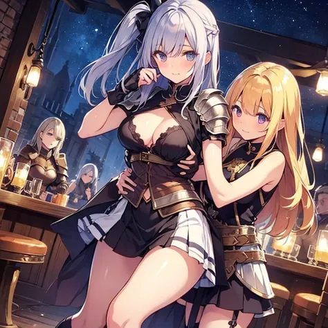 A group of  female medieval fantasy adventurers, (in tavern), various hair styles, harem, night, details face, short skirt, seducing, sleeveless, armor, hands grab around body