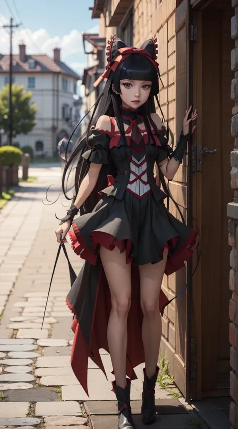 Rory Mercury, Rory Mercury, High definition,  better quality ,  high detail ,  high quality, full length ,full frame, Full-length girl , long hair,  black hair, Breasts,  red eyes, makeup, scarlet lips, Gothic dress ,Looking into the camira ,Позирует на фо...