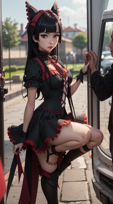 Rory Mercury, Rory Mercury, High definition,  better quality ,  high detail ,  high quality, full length ,full frame, Full-length girl , long hair,  black hair, Breasts,  red eyes, makeup, scarlet lips, Gothic dress ,Looking into the camira ,Позирует на фо...