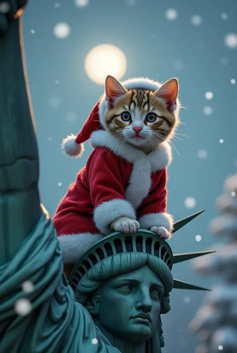 On a snowy Christmas night, a kitten dressed as a realistic Santa Claus rides on the shoulder of the Statue of Liberty and looks outside。