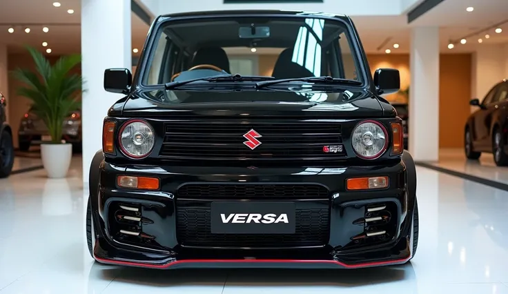 A highly detailed Back view of a 1990 Maruti Suzuki Versa van, painted in a sleek Black color with a glossy finish. The van features a large and angular sporty design, a prominent Suzuki logo on its intricately designed grille, and modified sleek LED headl...