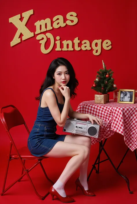 A high-resolution, retro-inspired photograph of a young woman sitting on a red folding chair in a vibrant studio setting with a red background. She is wearing a sleeveless blue denim mini dress that flatters her figure, paired with white stockings and shin...