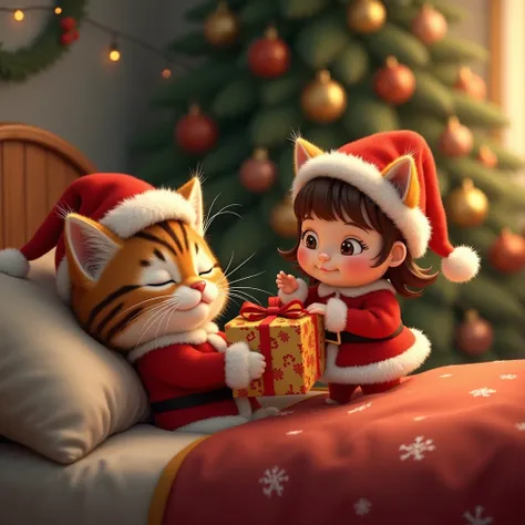 Standing at the bedside of a  sleeping in bed, the cutest brown tiger kitten in the world in the form of Santa Claus holding a present box and the cutest girl in Santa Claus in Santa Claus、((Realistic:1.3))、Use warm colors、happy sight 、 Christmas tree