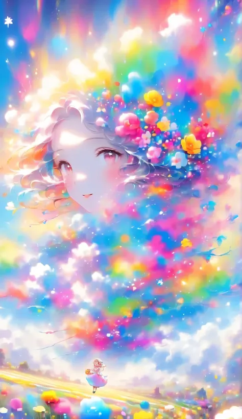 Score 9,Score 8 Up,Score 7 Up,(Best Quality),((Masterpiece)),Anime,  (anime:1.2) A cute and surreal  girl with her mouth closed gazing happily into the camera, a cute woman playing with a dog, in the background a vast field with vibrant flowers blooming, a...