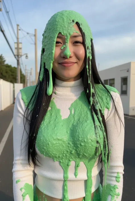 Amateur photograph. Asian teen covered in green water. Photorealistic. Wet liquid. Nasty slime. Raw photo. Wearing thin tight white sweater turtleneck. Large breast. outside Tokyo. Daytime. 35mm. Green Slime. Dripping green goo. 18 years old. Wet green liq...