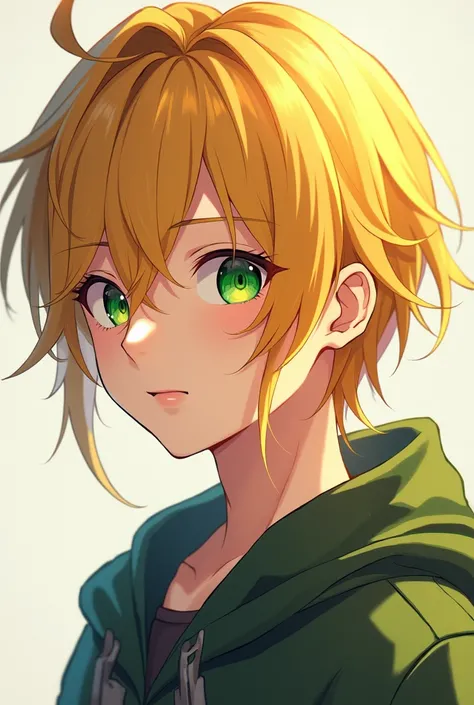 A  MUSTARD-BLOND MAN WITH GREEN EYES,  YOUTHFUL-LOOKING GERMAN WITH SHOULDER-LENGTH HAIR SOMEWHAT CLUTTERED ANIME ILLUSTRATION