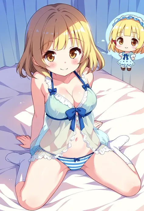 1Girl, chibi, chibi style, full body, yuki mio, blonde hair, babydoll, see-through, striped panties, blush, smile face, sitting on bed, simple background