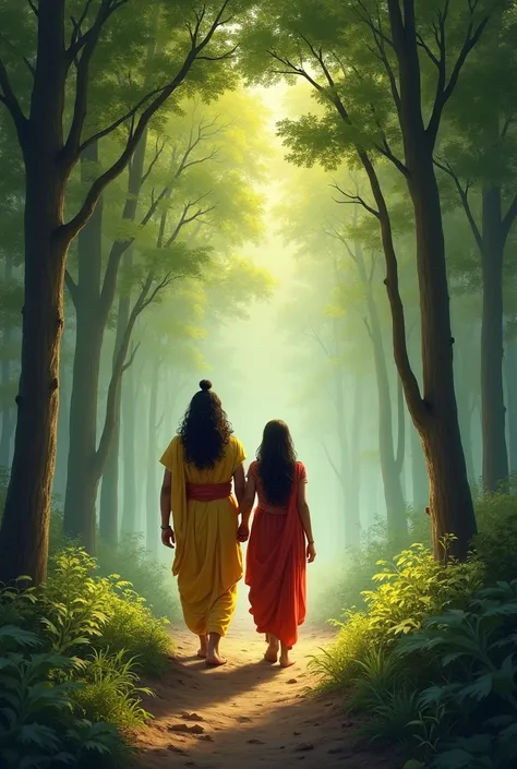 "Rama and Sita in the forest"
A serene forest scene with Rama and Sita, both dressed in ancient attire, walking together. The trees are lush and green, and the atmosphere is peaceful, symbolizing their exile in the forest