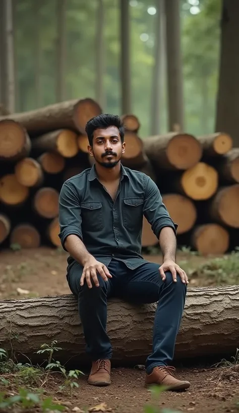 there is a man sitting on a log with a pile of logs behind him, a picture by Max Dauthendey, instagram, realism, in front of a forest background, ayan nag, amidst nature, looking majestic in forest, jayison devadas, very clear picture, portait image, aroun...