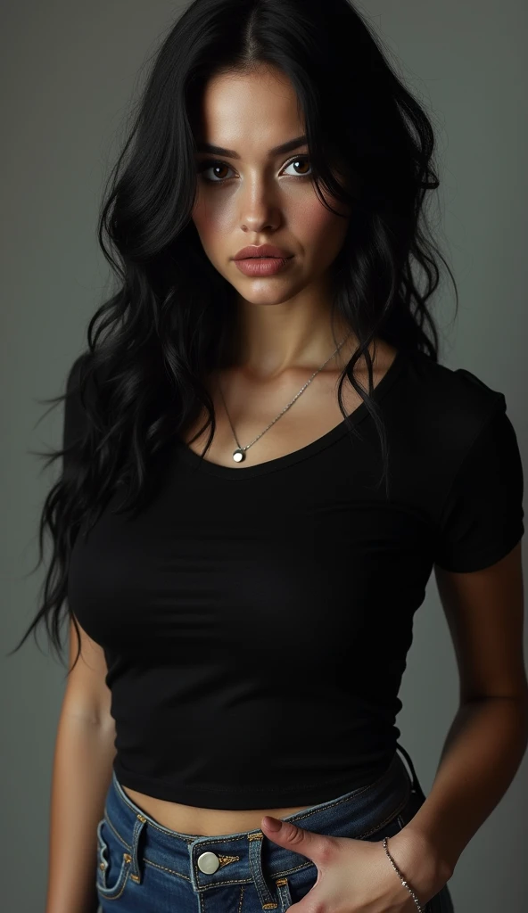 ((masterpiece, best quality, perfect eyes, perfect face, perfect breasts, perfect anatomy, perfect lighting)), white rebel girl, black hair, rocker,black t-shirt, jeans and Converse All Star sneakers, super sexy. Big ass, Most beautiful woman in the world....