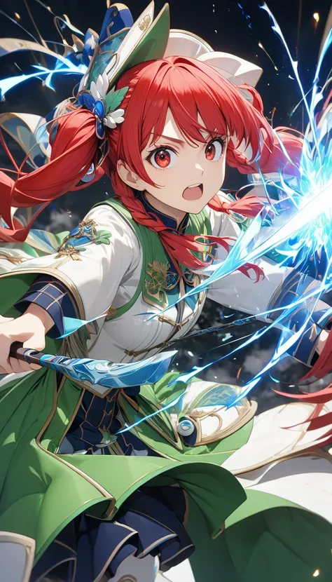  twin tailsの女魔導士, 1 attractive mature woman , Expressive long hair,  twin tails, 
break 視聴者に急接近, Charging while performing magic attack, Quick combat preparation, 
break セクシーな魔道服, Only the clothes are green,  Luxurious silk texture , High-quality decoratio...