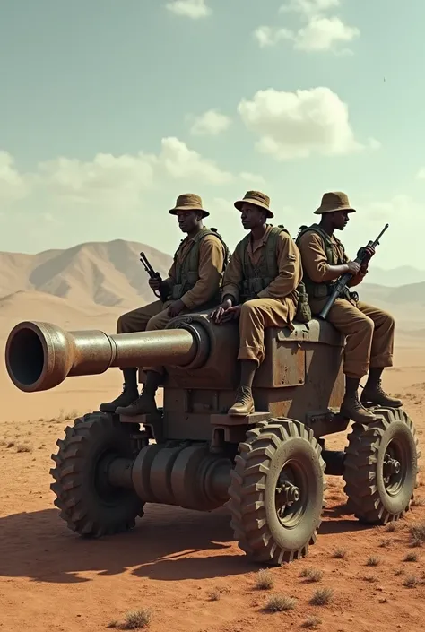 Create a picture of African soldiers sitting on an old anti-aircraft gun
