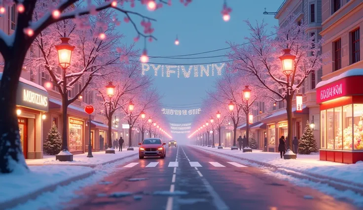 3D rendering style. Snowy crossroads of city street is decorated with fairy lights, ornaments, Christmas decorations for Christmas holliday. cherry blossom trees with leaves falling down. Sparkling. Street corner. a few of vehicles. Clear sky. People walki...