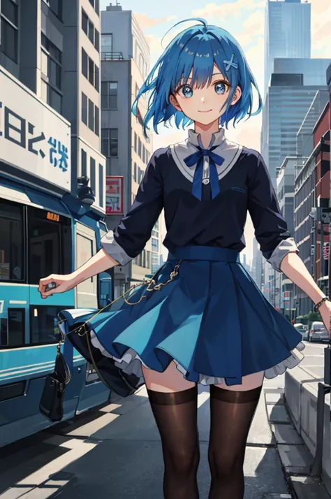  blue hair, m (:zero), [smile], , city,, masterpiece,  top quality ,  perfect lighting,  One girl ,  skirt, medium basts,