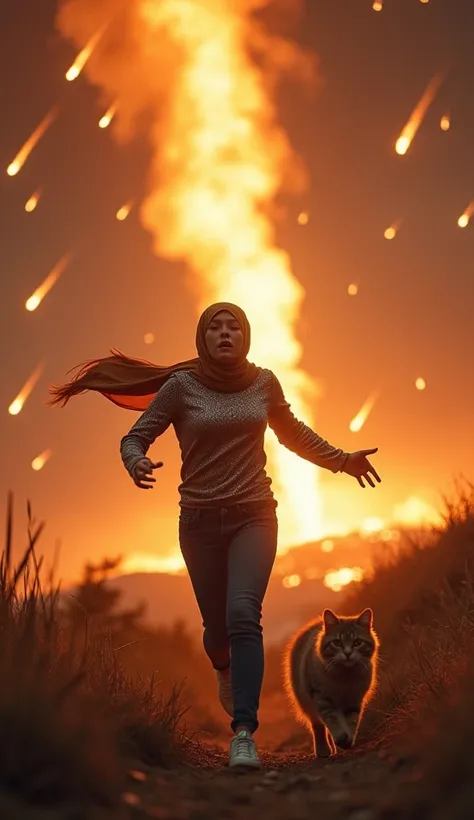 Apocalyptic photo of a massive meteor shower falling to earth, on a hill a sexy woman running raising her hands, scream hard, she facing to the camera with her gaze on viewers, she is wearing a shiny shimmer hijab, a very tight long-sleeved t-shirt, and ti...