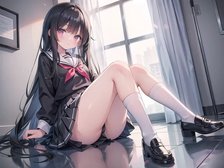 Female School Uniform, Black Short Skirt, Tight White Long Socks, Loafers, Long-Black Straight Hair with Bangs, White-Toned Skin, Petite, Thick Thighs.