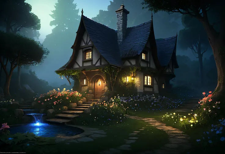 Nighttime scene of a house in the woods with a fountain,  concept art inspired by Andreas Rocha, Artstation Contest Winners,  Fantasy Art ,   fairy tale full of flowers and vines , Fantasy House,  realistic fantasy rendering for the whole body , A pleasant...