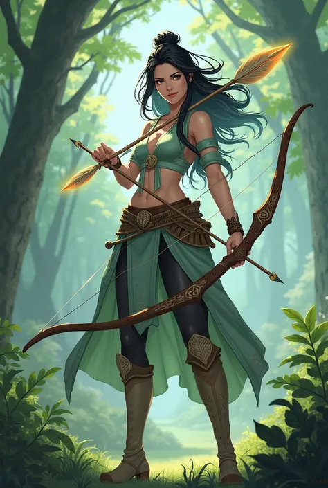 Holding a bow and arrow， nature magic，woman，anime characters，Positive perspective ，Domineering