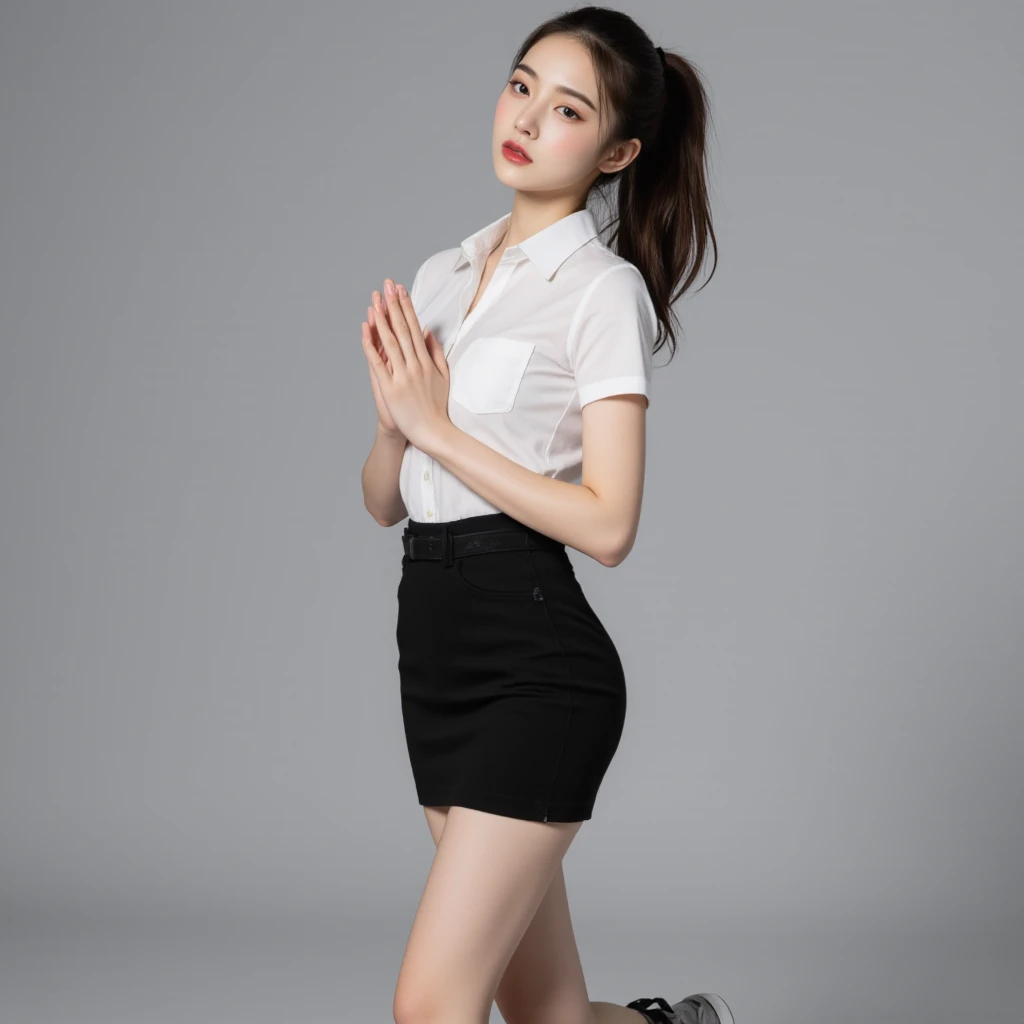 Candid image A stunning 22-year-old woman with a confident posture poses for a photo in front of a gray backdrop. She is wearing A white short-sleeved collared six button-down shirt, short black pencil skirt, black belt. and sneakers with a gray and black ...