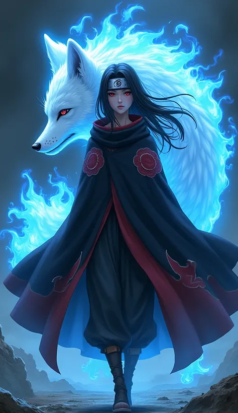 an Asian woman walks dressed in the style of the Akatsuki group with a nine-tailed fox with fox fur covered in blue flames, wearing a mask and headband