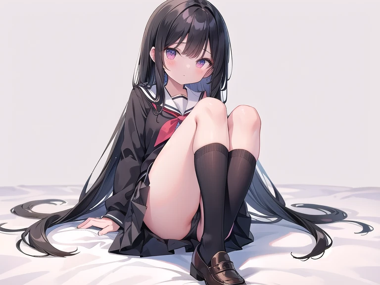 Female School Uniform, Black Short Skirt, Tight White Long Socks, Loafers, Long-Black Straight Hair with Bangs, White-Toned Skin, Petite, Thick Thighs, Lazy eyes.