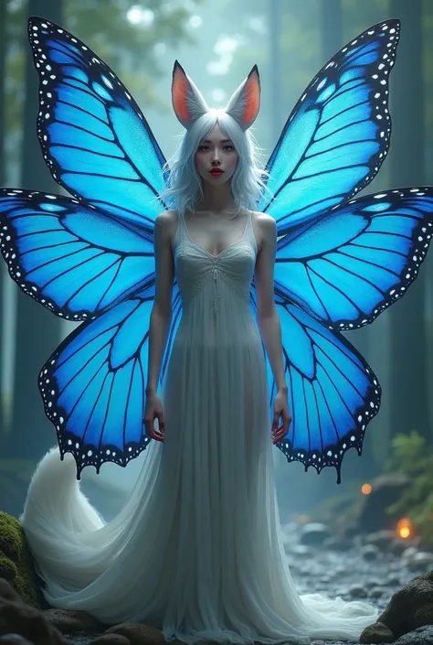 Human woman as a nine tailed fox with blue butterfly wings 