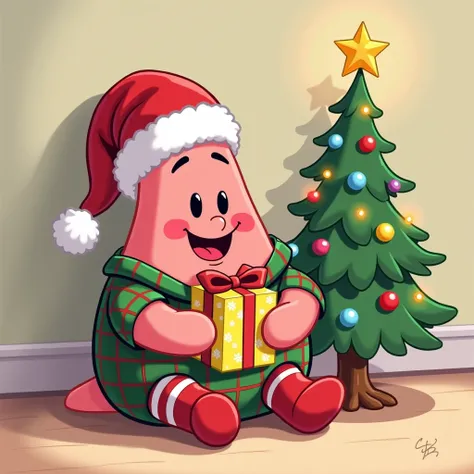 Picture Patrick star is wearing a christmas outfit and santa hat is sitting next to a christmas tree inside the house and is holding a present, cartoon style, low color , easy drawing 