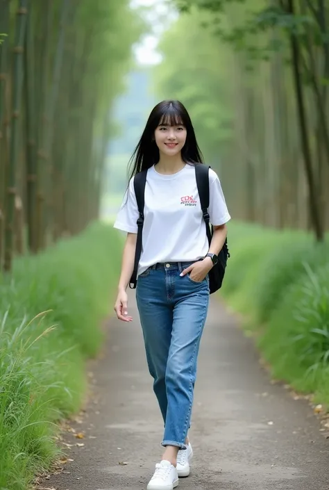 a beautiful korean woman, smooth white skin, clean well maintained face,black hair korean style, bangs .jaket jeans hitam, white logo t-shirt ( feel) , celana cropped hitam,,white sneakers, black cool watch, backpack, Face walking smiling, down the rocky p...