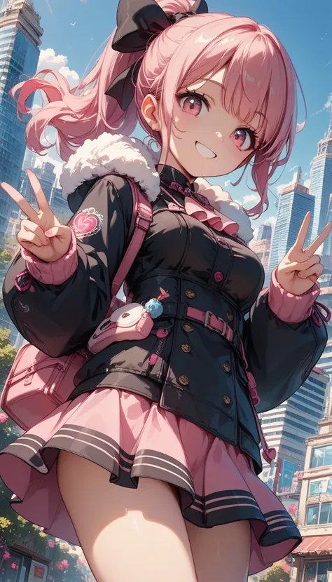 score_9, score_8_up, score_7_up,source_anime,anatomically correct, best perspective, 1 cute girl, pink hair, ponytail, black ribbon, medium breasts, black onepiece,mini skirt,bet room,、 pink eyes、Make a peace sign、Decisive Face、smile、Winter cityscape、