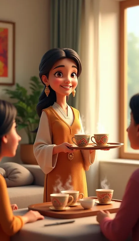 a pakistani womanof 25 years age, serving tea to guests, guest are sitting on sofa, modern home in background, cartoon 3d disney pixar style image,
