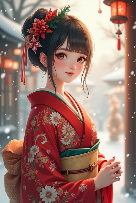 Christmas illustration of a young woman wearing a kimono