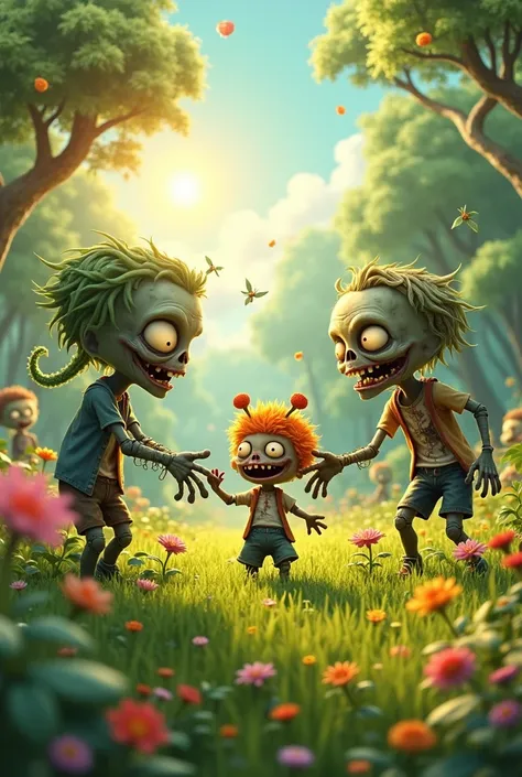 Zombies and cute plants are playing in a green meadow full of trees and beautiful sun