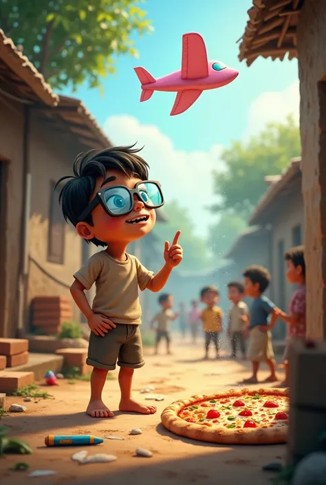 The model is wearing glass sunglasses Finding the Magic Pencil: "A young boy named Amit, wearing simple clothes, stands on a dirt path in a small village, staring curiously at a mysterious blue pencil lying on the ground. The pencil is decorated with tiny ...