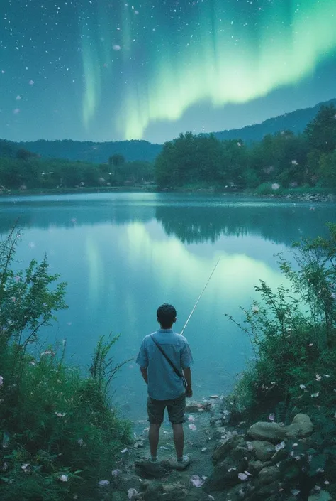 a man is fishing at a tranquil lake. sakura petals are flying around. it is raining, but the sky is filled with beautiful aurora. the lake has a clear reflection of the environment.